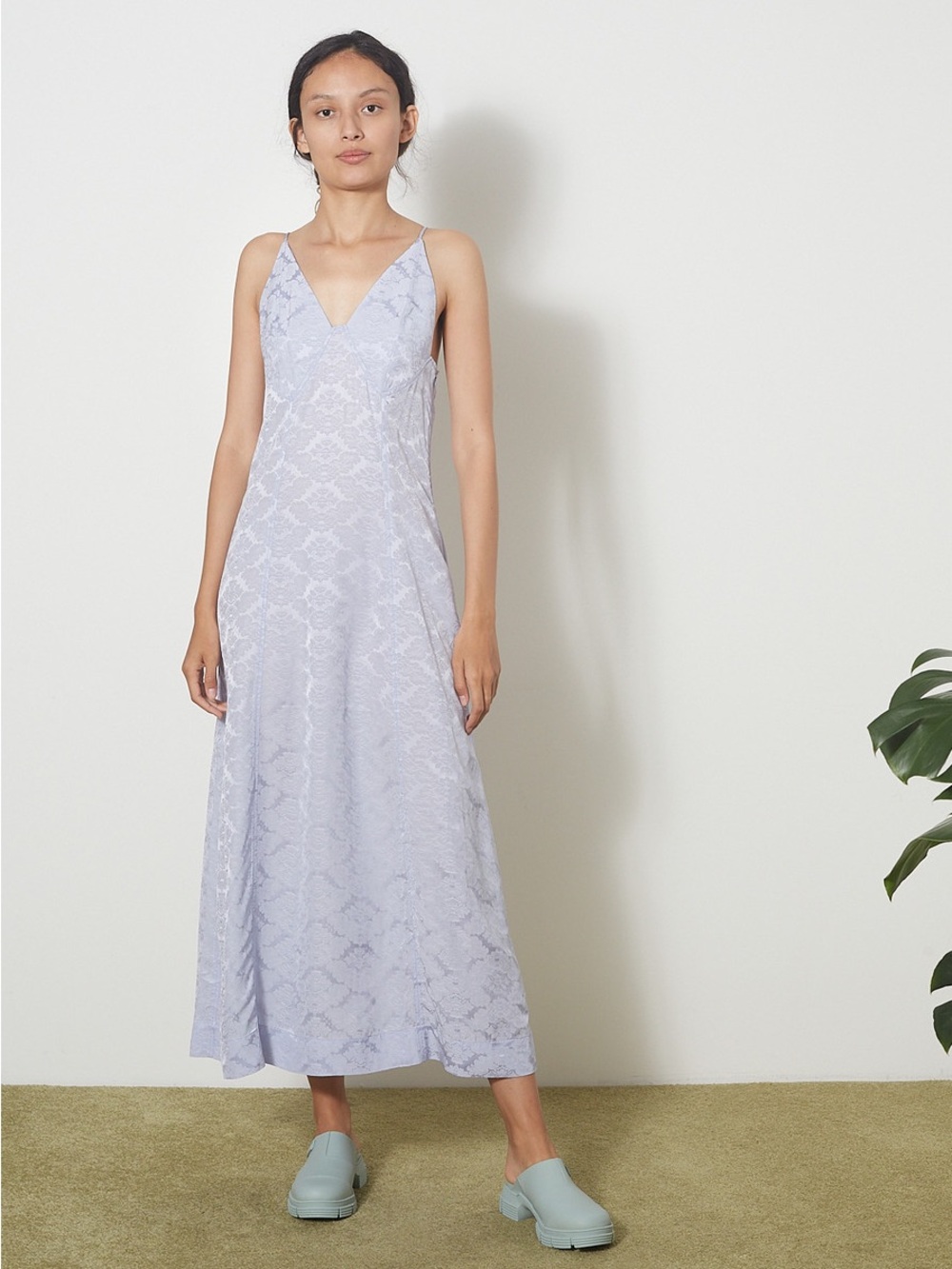 GANNI Floral Jacquard Midi Slip Dress In Cosmic Sky